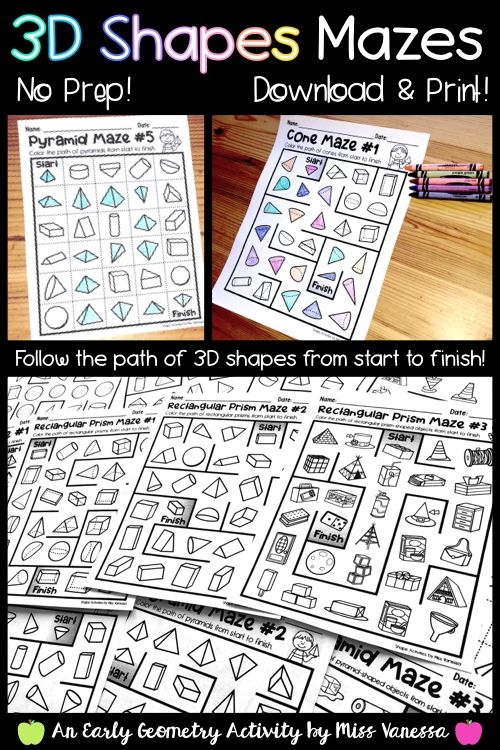 Three-Dimensional Shapes Maze Activity for Early Learners Exercise 22 Kindergarten student tracing a colorful maze pathway filled with three-dimensional shapes like cubes, spheres, and cylinders to practice shape recognition