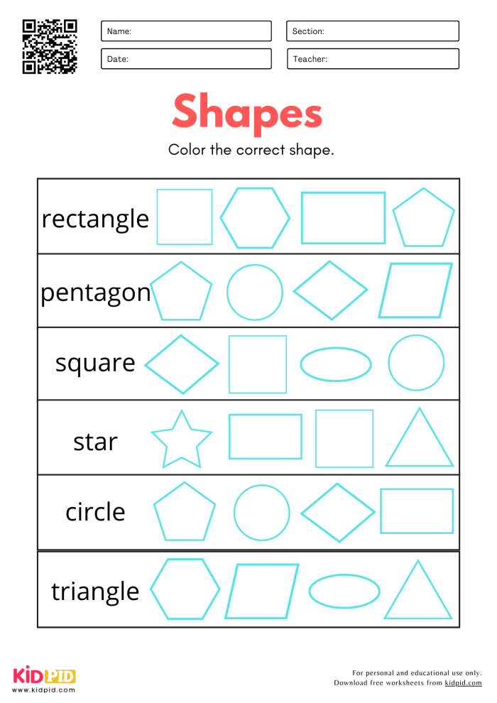 Name That Shape assessment activity with geometric figures for early learners to recognize and identify basic two-dimensional forms Kindergarten student worksheet showing colorful 2D shapes including circles, squares, triangles and rectangles for shape identification practice