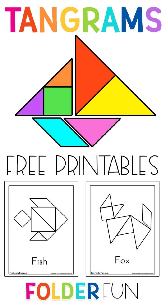 Kindergarten worksheet featuring a colorful tangram template to explore fractions and shapes