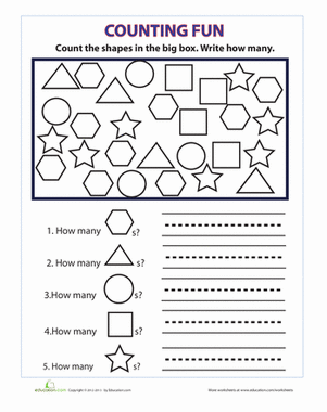 Counting mixed shapes in the How Many Shapes Are There worksheet for early learners, image 19 Kindergarten worksheet showing various shapes for counting practice in the alphabet category