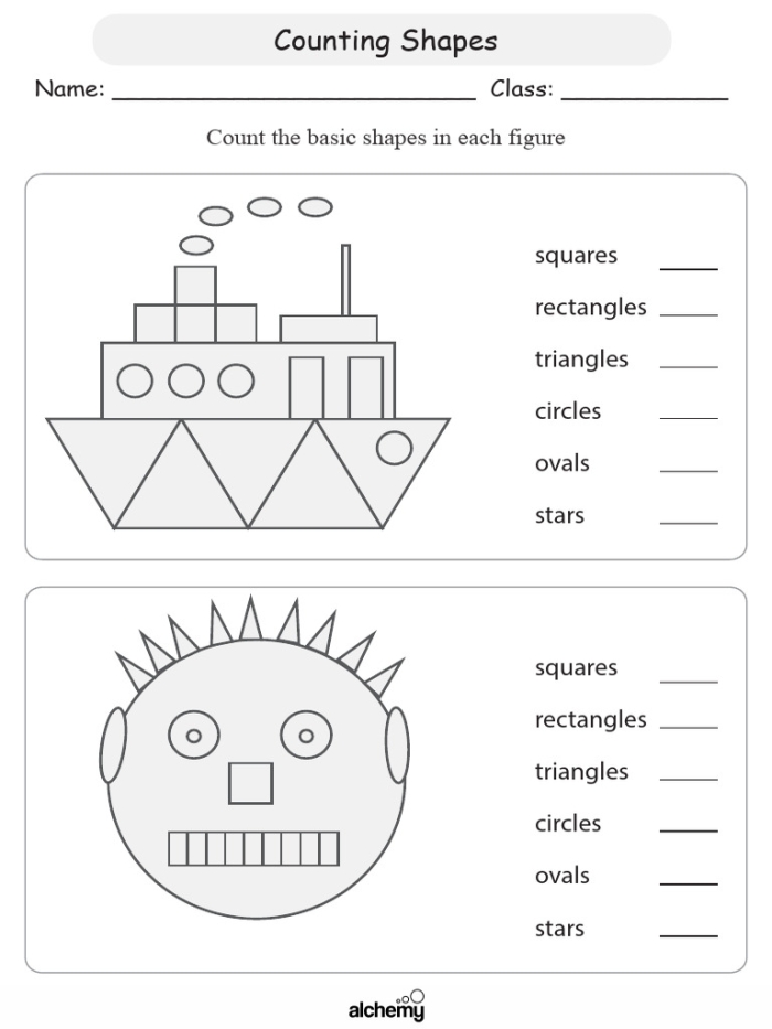 Counting different shapes activity for young learners in the alphabet category Kindergarten worksheet showing various shapes mixed together for counting practice