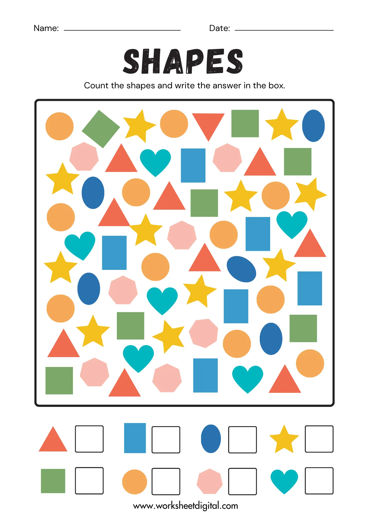 Basic Shapes: Color and Count worksheet for early geometry skills Worksheet featuring basic shapes for counting and coloring in kindergarten