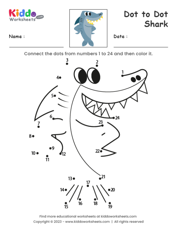 Connect the dots to find out which sea creature appears in this fun activity page Kindergarten Shark Dot to Dot worksheet for counting and drawing practice