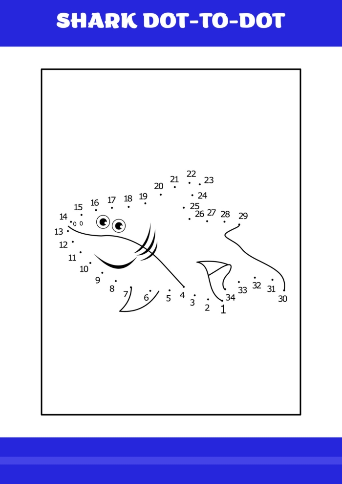 Connect the dots to complete the shark image and practice writing skills on worksheet 24 Kindergarten Shark Dot to Dot worksheet for counting and drawing practice revealing a sea creature