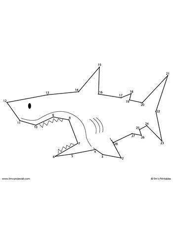 Shark-themed dot to dot activity for young learners in grammar and mechanics Kindergarten shark connect-the-dots worksheet for counting and drawing practice