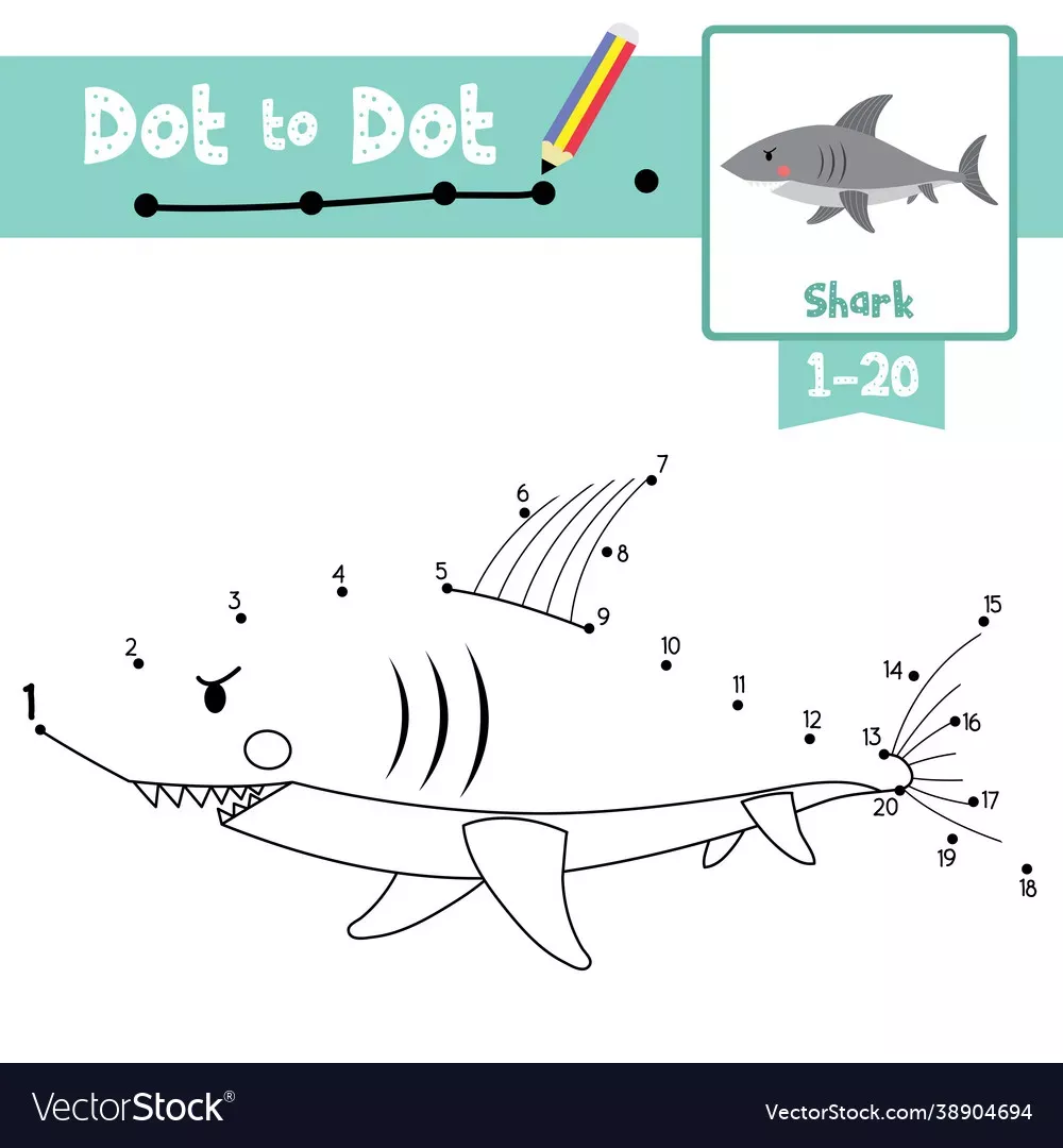 Shark Dot to Dot activity page for young learners number 18 in the Grammar and Mechanics series Kindergarten worksheet for connecting dots to reveal a shark and practice counting and writing