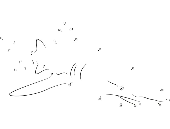 Connect the dots to uncover the shark in this fun undersea activity sheet Kindergarten Shark Dot to Dot worksheet for counting and drawing practice