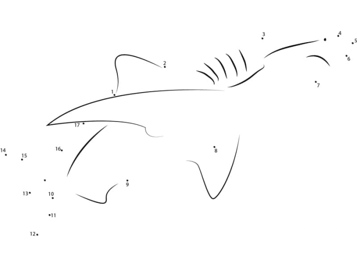 Undersea animal dot-to-dot activity for early writing skills, image 15 Kindergarten connect-the-dots worksheet featuring a shark for counting and drawing practice