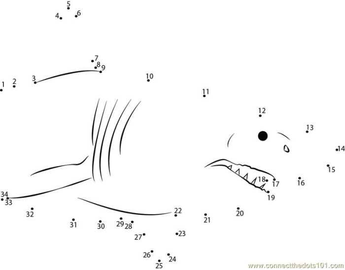 Connect the dots to reveal a shark in this fun undersea activity sheet for young learners Kindergarten shark dot to dot worksheet featuring numbers and drawing practice