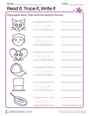 Phonics practice sheet for kindergarteners focusing on short A three-letter words Kindergarten phonics worksheet featuring short A words to read, trace, and write