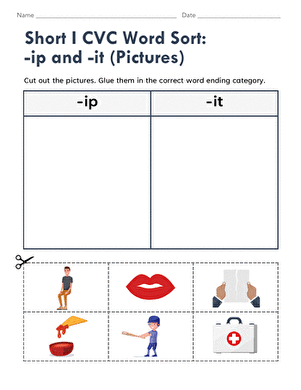 Short E CVC word sort worksheet displaying -en and -eg pictures for kindergarten learners