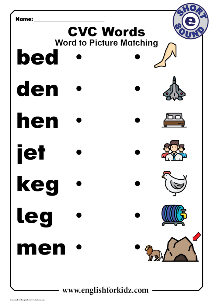 Kindergarten worksheet for sorting short E CVC words ending in -en and -eg with pictures