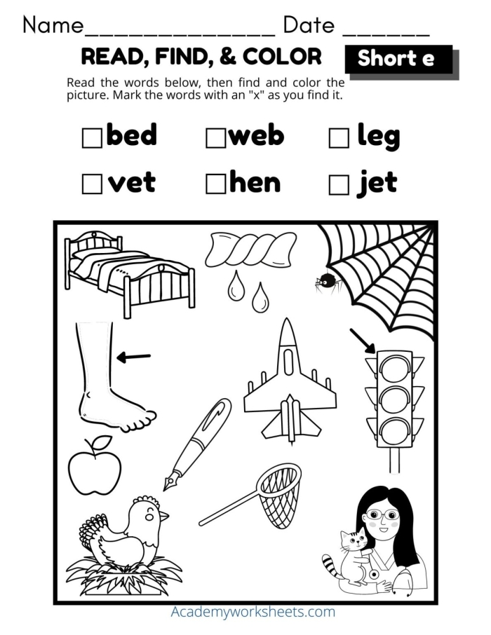 Short E CVC word sort worksheet with -en and -eg pictures for kindergarten learners