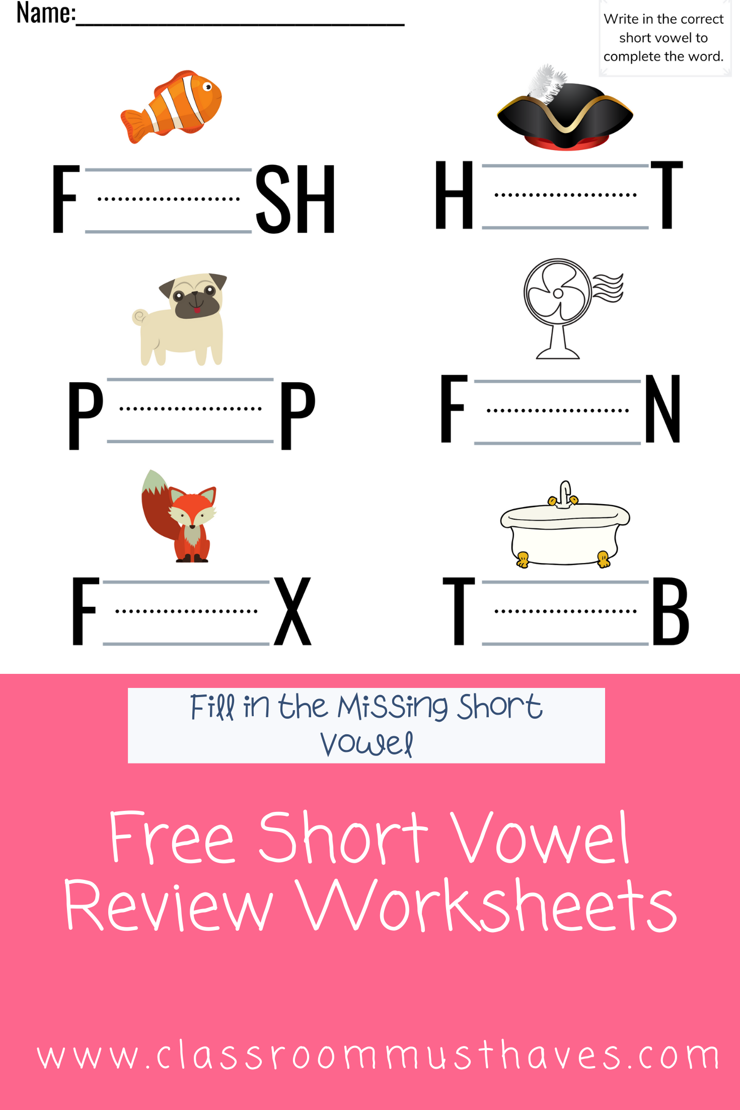 Short vowel word matching activity for young learners with hen and fish illustrations Kindergarten worksheet to practice short vowel words by matching pictures and writing words