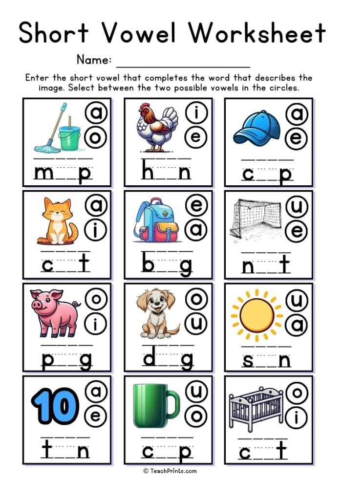 Worksheet 15 for practicing short vowel word writing with fun images in Grammar and Mechanics Kindergarten worksheet matching short vowel words to pictures featuring a hen and a fish