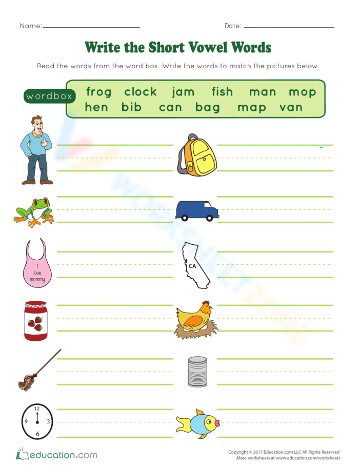 Short Vowel Words Practice Sheet featuring hen and fish illustrations for young learners Kindergarten worksheet for matching short vowel words with pictures of a hen and a fish