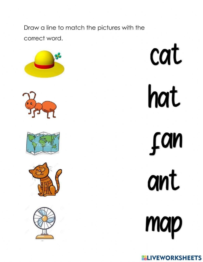 Short Vowel Words activity for young learners matching images to words on worksheet 25 Kindergarten worksheet showing short vowel words with pictures of a hen and a fish for matching and writing