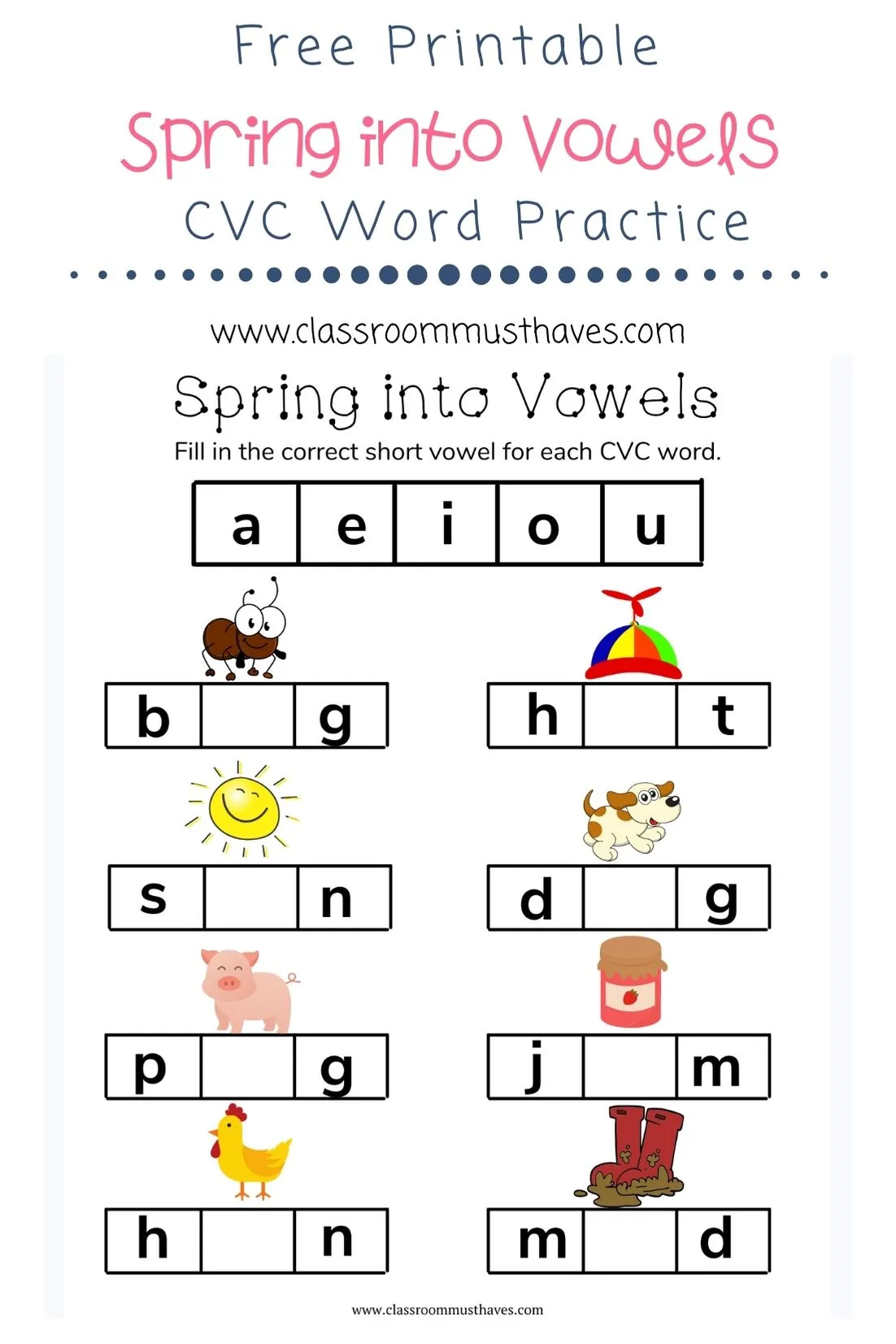 Short vowel sounds practice worksheet for young learners with hen and fish images to match and write words Kindergarten worksheet featuring short vowel words with pictures of a hen and a fish for matching and writing