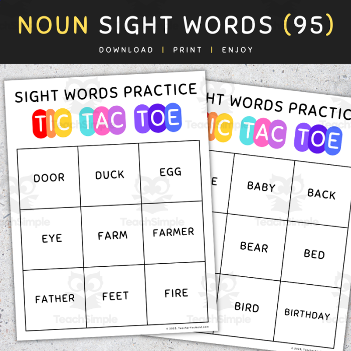 Kindergarten students playing Tic-Tac-Toe with sight words on a colorful worksheet