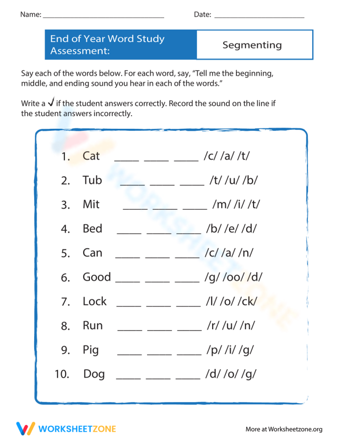 Segmenting sounds worksheet for kindergarten end of year word study assessment number 8 Kindergarten student completing an end of year word segmenting worksheet to assess sound recognition