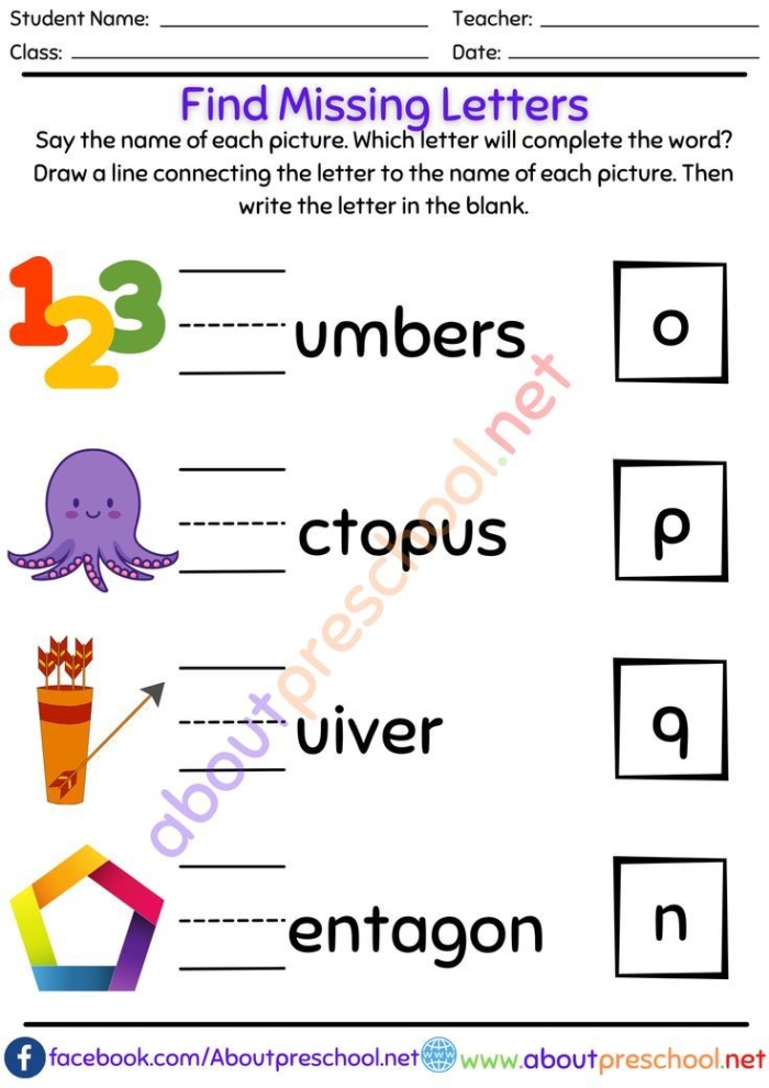 Find Missing Letters activity page 21 for early readers in spelling category Kindergarten worksheet where children fill in missing first letters of toy names for spelling practice