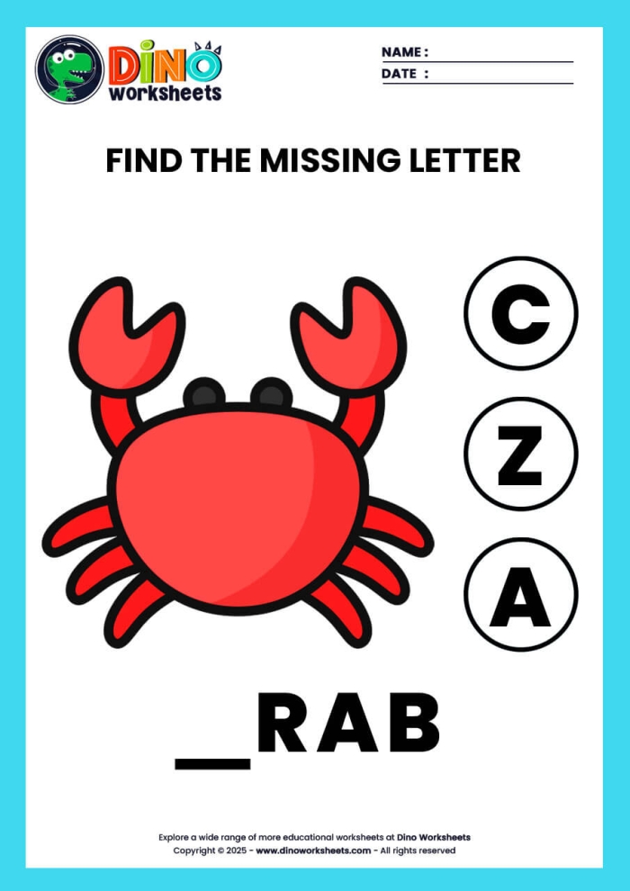 Find Missing Letters activity for young learners practicing spelling skills Kindergarten spelling worksheet with toys missing the first letter in their names