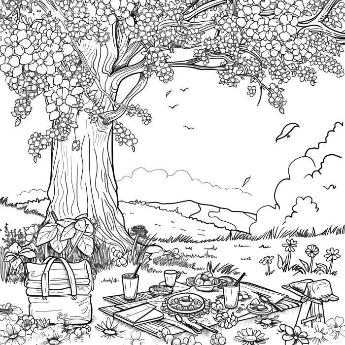 Color the Springtime Scene worksheet for young learners to explore fractions through art, image 7 Kindergarten fraction worksheet featuring a colorful springtime nature scene for creative coloring