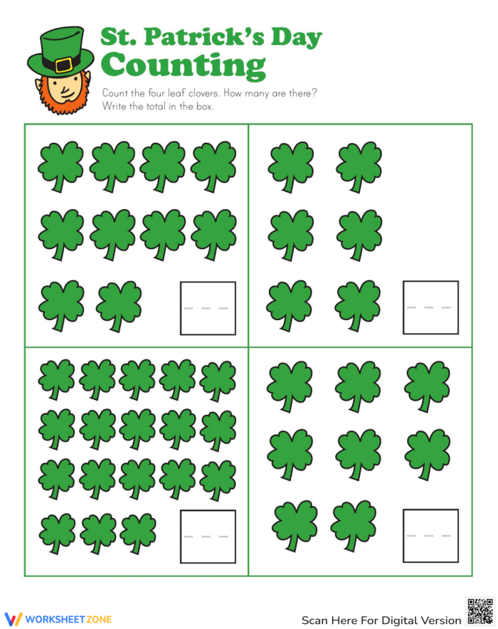 Shamrock Counting Activity 4 - Kindergarten Geometry Worksheet A kindergarten student counting shamrocks in a field for St. Patrick's Day math practice