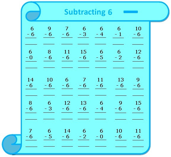 Kids practice subtraction by six with fun animal pictures on this worksheet. Subtract Six Worksheet for Kindergarten: Animal Counting Activity.