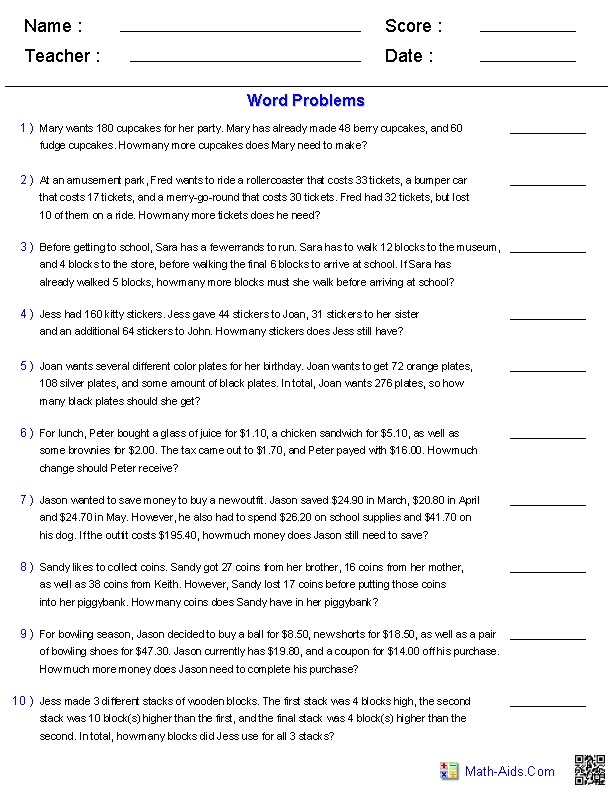 Worksheet 14 for beginners practicing subtraction in word problems Kindergarten worksheet with basic subtraction story problems about time and money