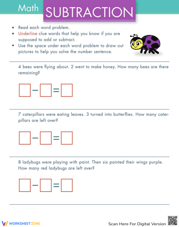 Worksheet 23 for beginners practicing simple story problems with bugs theme Kindergarten worksheet with basic subtraction word problems about time and money
