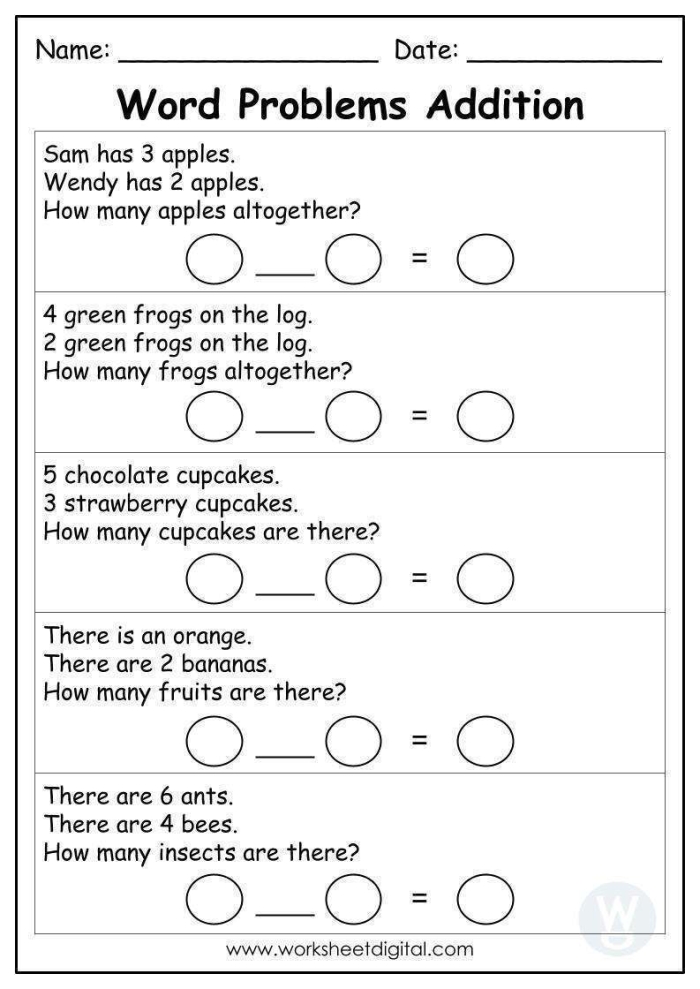 Beginning Word Problems worksheet with fun bug-themed subtraction stories for young learners Kindergarten worksheet featuring basic subtraction word problems about time and money