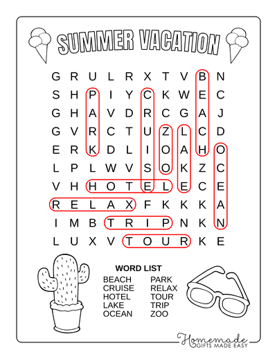 Kindergarten vacation word search puzzle with summer-themed words