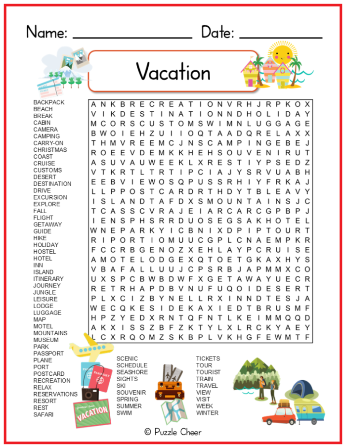 Kindergarten vacation word search puzzle with summer-themed words to find