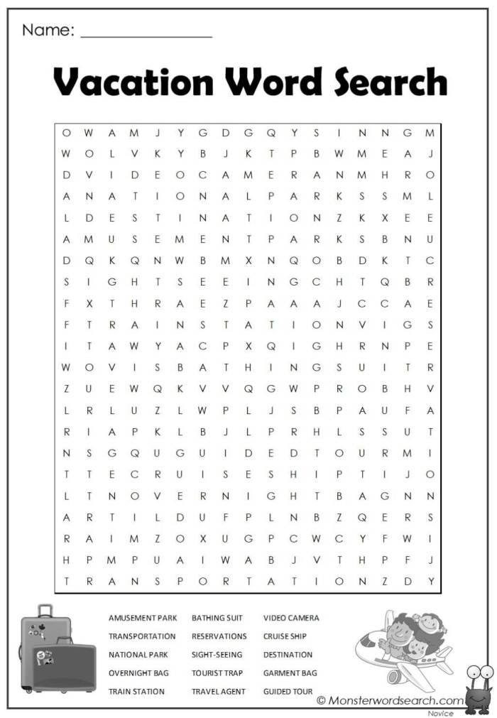 Kindergarten Vacation Word Search puzzle with fun summer-themed words