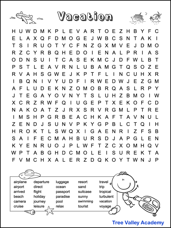 Kindergarten vacation-themed word search puzzle with fun summer words