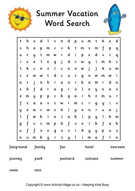 Kindergarten vacation word search puzzle with summer-themed words