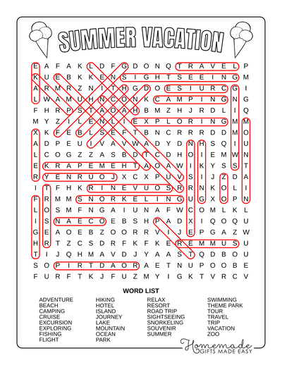 Kindergarten Vacation Word Search worksheet with summer-themed words to find
