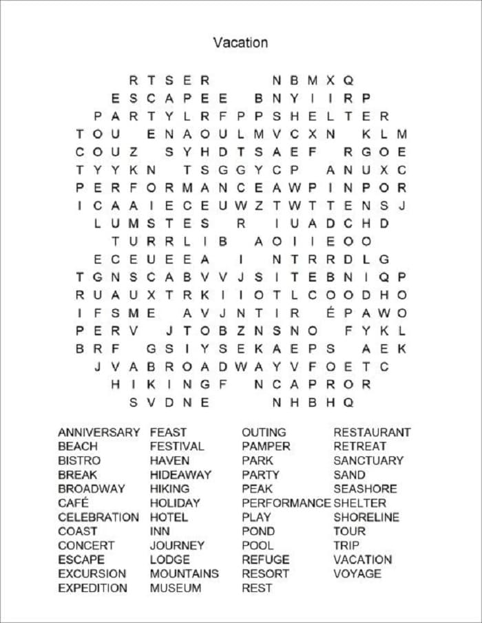 Kindergarten Vacation Word Search puzzle with summer-themed words to find