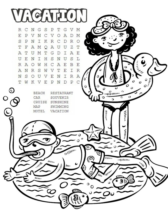Kindergarten vacation word search puzzle with summer-themed words to find