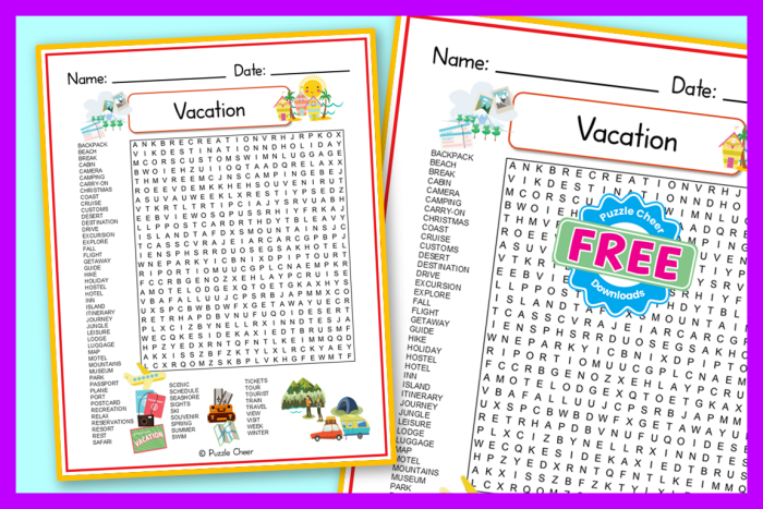Kindergarten Vacation Word Search puzzle with summer-themed words to find