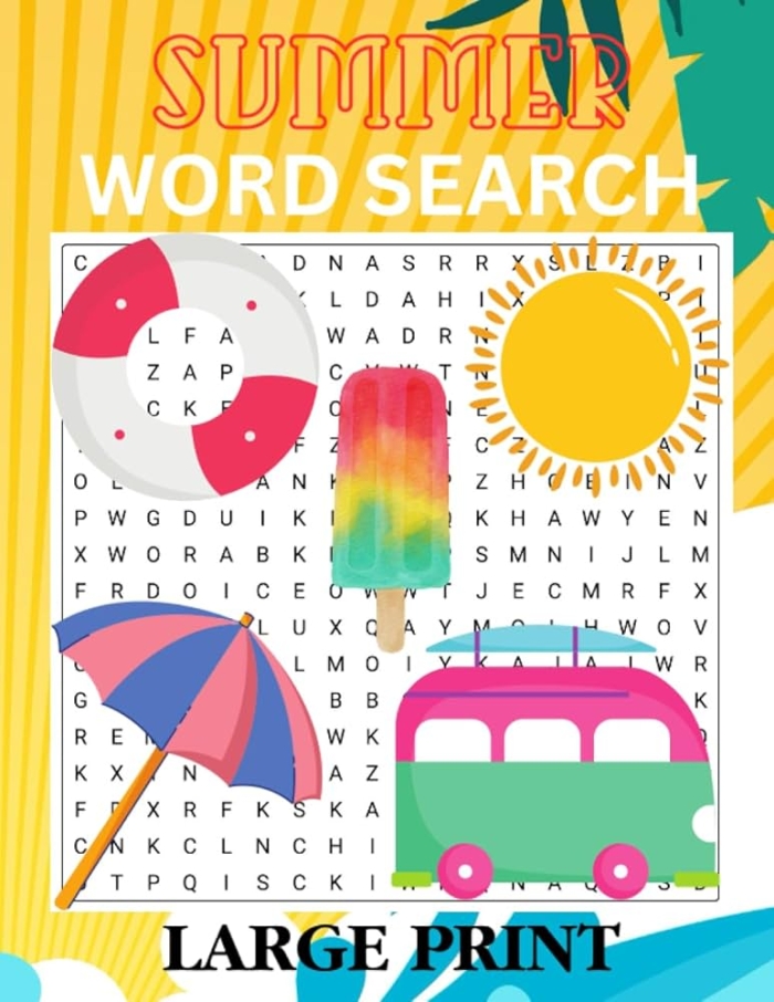 Kindergarten Vacation Word Search puzzle with summer-themed words to find