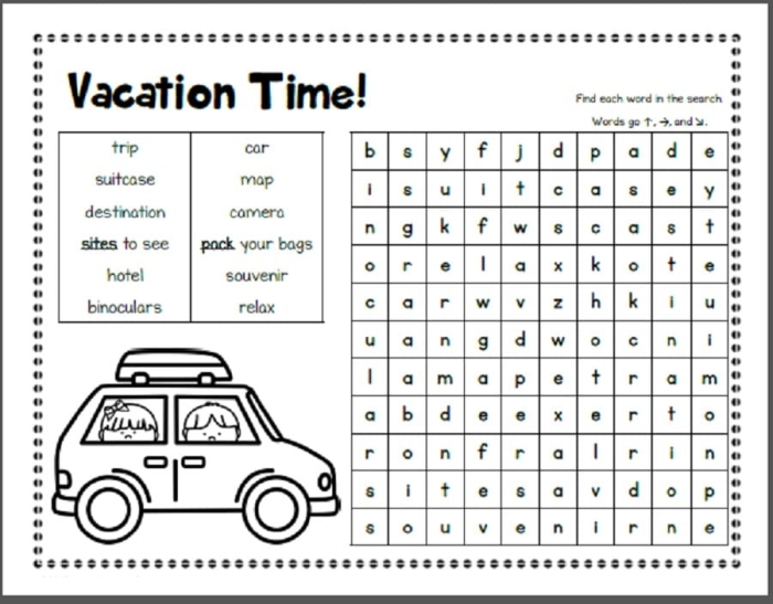 Kindergarten Vacation Word Search puzzle with summer-themed words to find