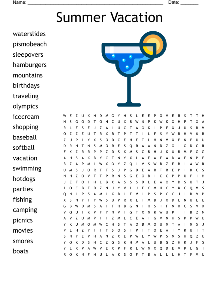 Kindergarten Vacation Word Search puzzle with summer-themed words for physical science