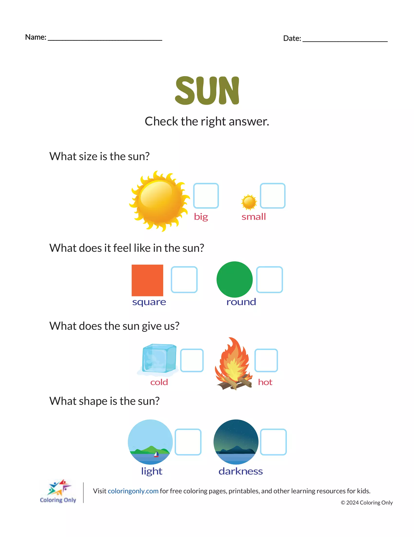 Learn About the Sun! worksheet for young learners with a bright sunny illustration to color Kindergarten worksheet with a sun coloring activity teaching kids about the sun and its role