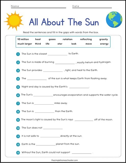 Sun learning activity worksheet for young kids coloring sunny scenes and discovering facts about the sun Kindergarten worksheet showing a bright sun as children color and learn about its role