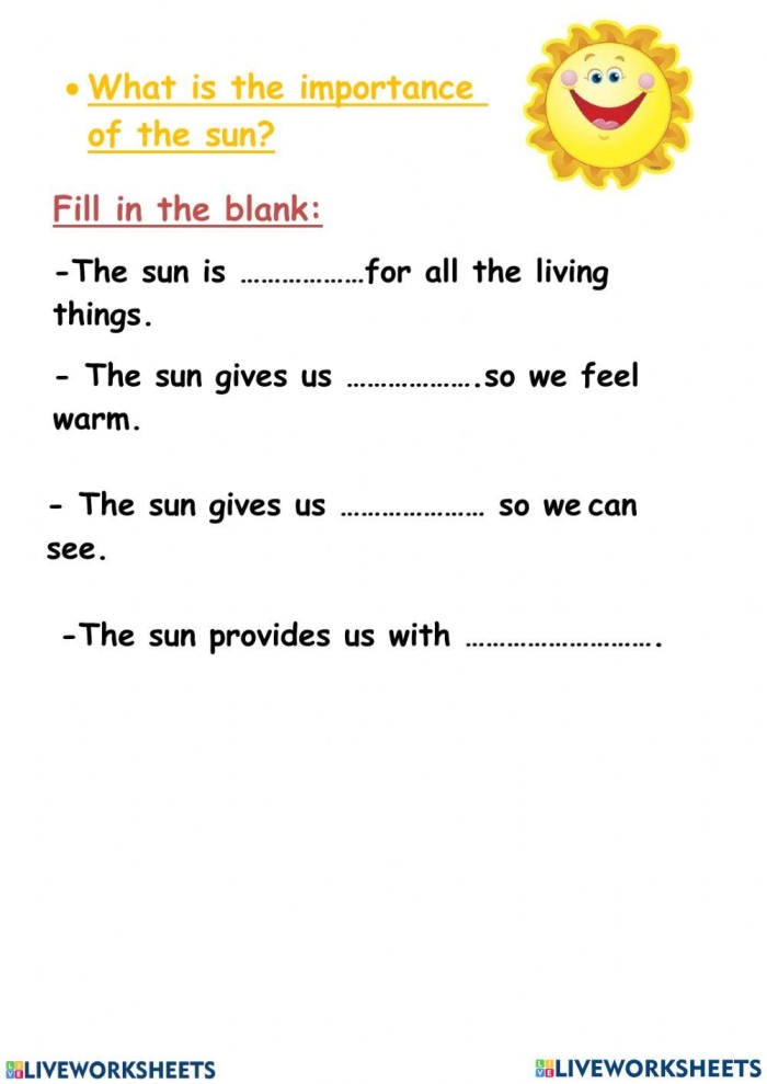 Bright and educational Learn About the Sun worksheet for young children numbered 24 Kindergarten worksheet featuring a cheerful sun for learning about the sun's role