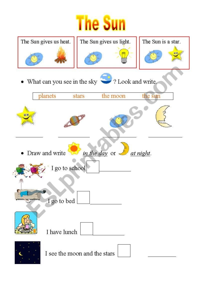 Learn About the Sun worksheet for young learners with sunny coloring activity 17 Kindergarten worksheet showing a bright sun to teach kids about the sun's role