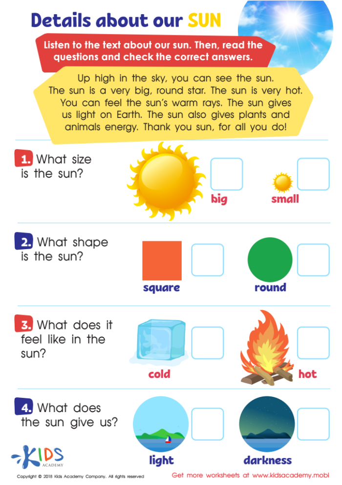 Colorful Learn About the Sun activity page for young children 25 Kindergarten worksheet showing a sunny scene for learning about the sun