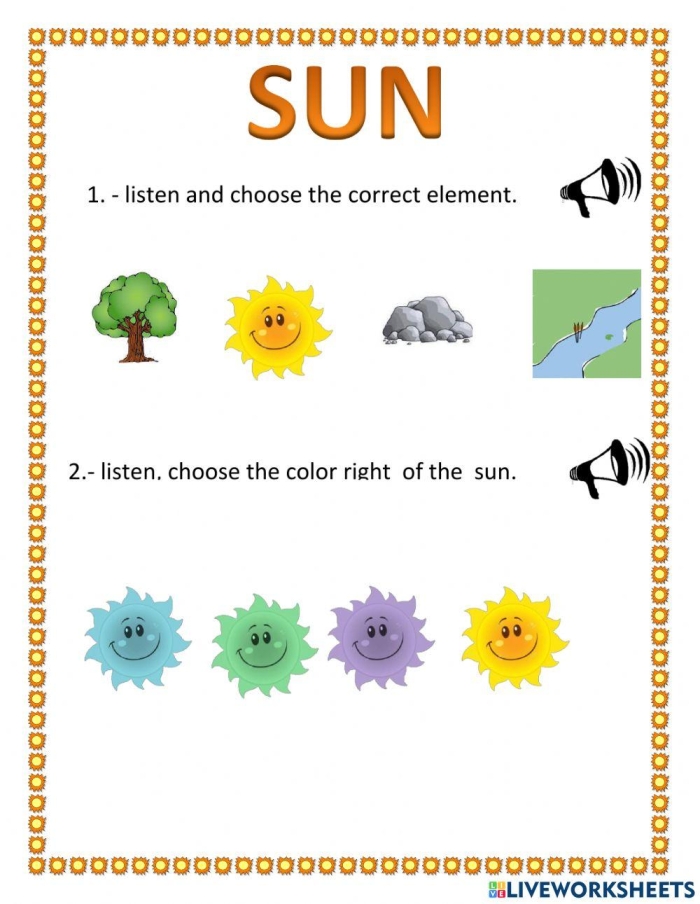 Sun learning activity worksheet for young children with a bright and cheerful illustration Kindergarten worksheet featuring a sunny scene to color while learning about the sun's role